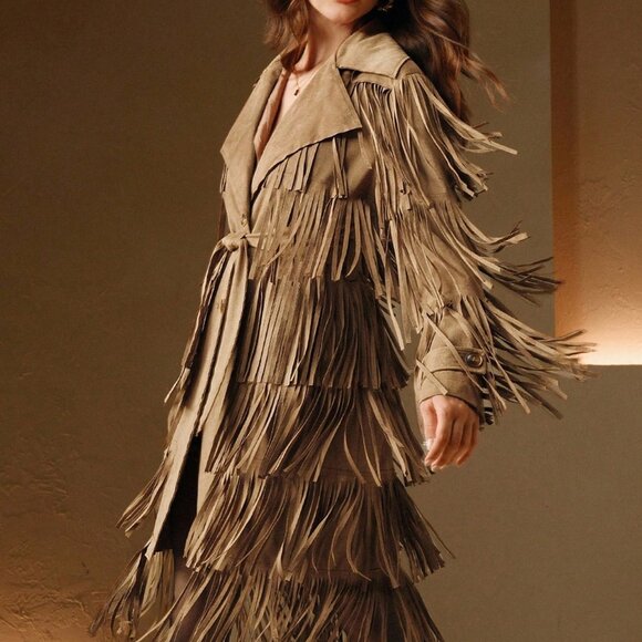 Camel Party Women's Lapel Necklong Sleeve Fringe Design Jacket - Picture 5 of 8